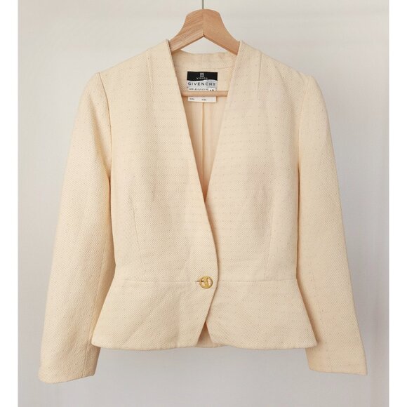 Vintage Givenchy collarless deep V neck blazer neutral cream, tailored jacket - Picture 4 of 16
